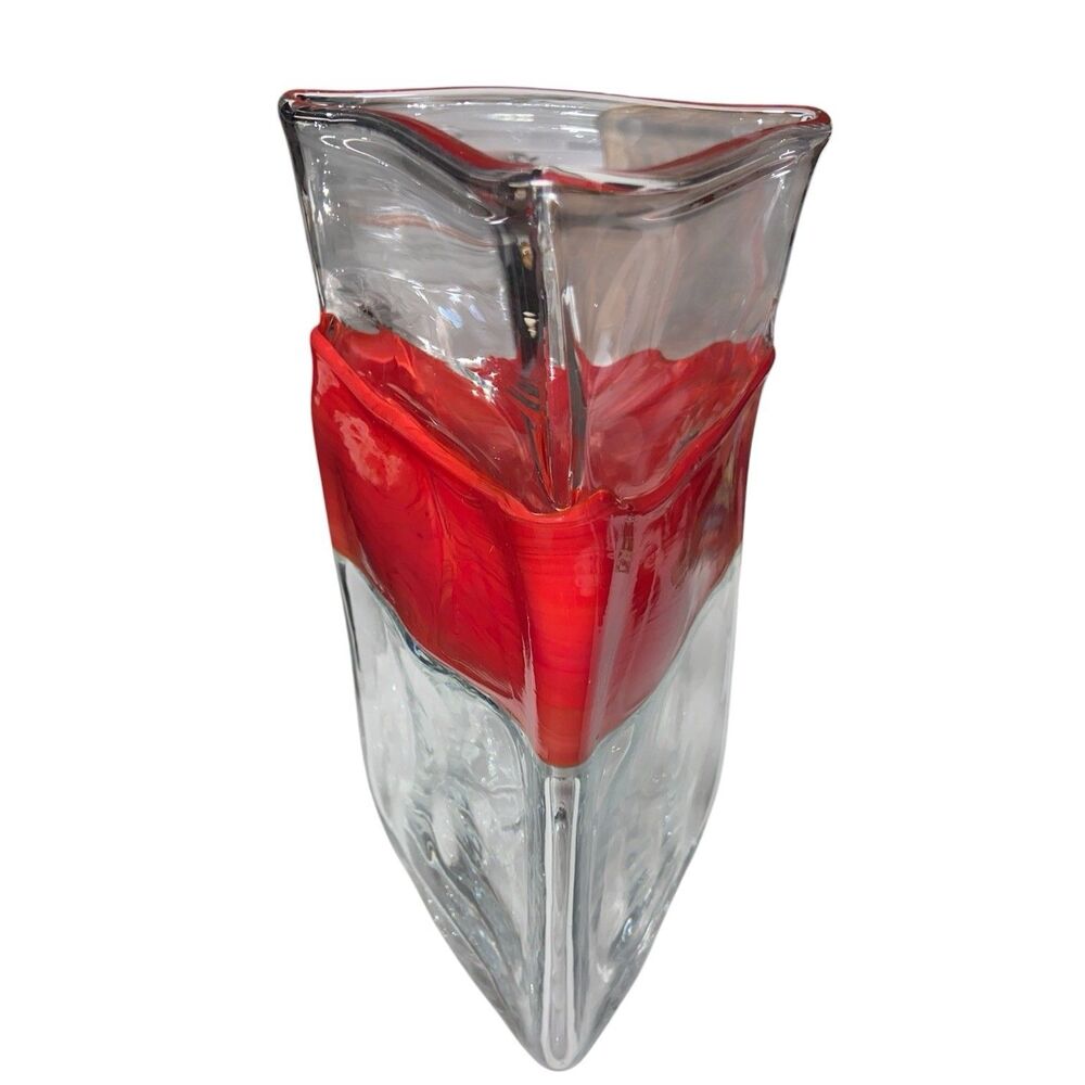 William Salas Triangular Handblown Art Glass Vase Red Band Artist Signed